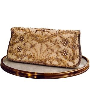 Vintage Gold Beaded Evening Clutch w/ Chain Strap Ivory Satin Floral Embroidery